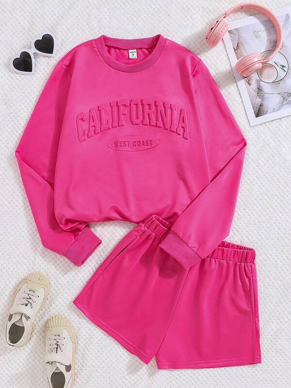 SHEIN Teen Girls' Casual Street Fashion Long Sleeve Sweatshirt And Shorts Set With Letter Prints
