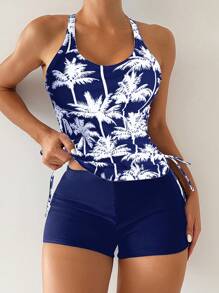 Swim Lushoire Conjunto de top y pantalón tipo tankini con estampado de palmeras, estilo vacacional, incluye chaleco y top de tirantes para mujer en verano