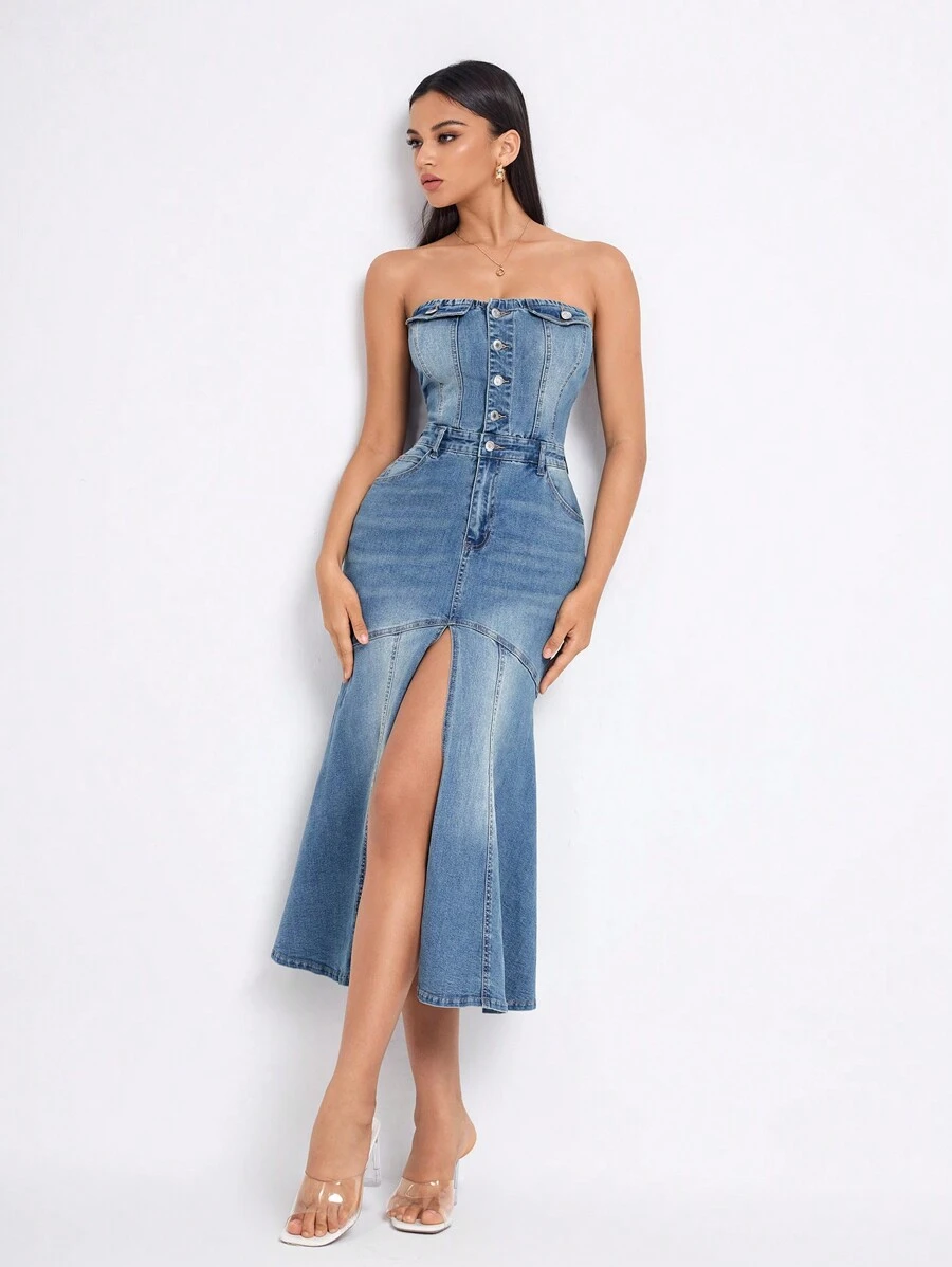 Button Front Split Thigh Tube Denim Dress - Blue - View 1
