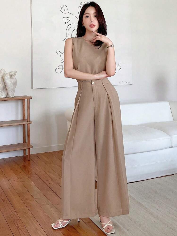 Women Solid Sleeveless Top Wide Leg Pants Two-Piece Set Summer Lounge Sets For Women