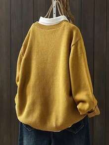 Áo len cardigan dáng rộng, tay dài cài nút một hàng, màu trơn, phong cách cổ điển, thời trang thường ngày cỡ lớn, dáng rộng, vai trễ dành cho nữ - Màu vàng - Xem 3