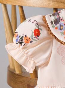 Baby Girls' Vintage French Lady Style Dress For Spring And Summer, With Lace, Printed Flowers, Peter Pan Collar, Short Puff Sleeves And Puffy Hemline