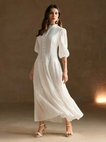 Anewsta 优雅复古白色镂空宽松编织女式连衣裙长款女装 - 白色 - 查看 4