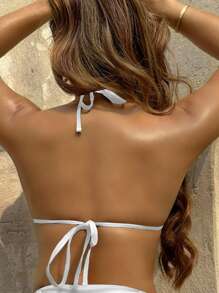 Swim SXY Women's Solid Color White Halter Neck Bikini Top For Summer Beach - White - View 2