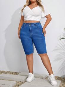 SHEIN LUNE Shorts de mezclilla de talle alto para tallas grandes - Azul lavado medio - Ver 4