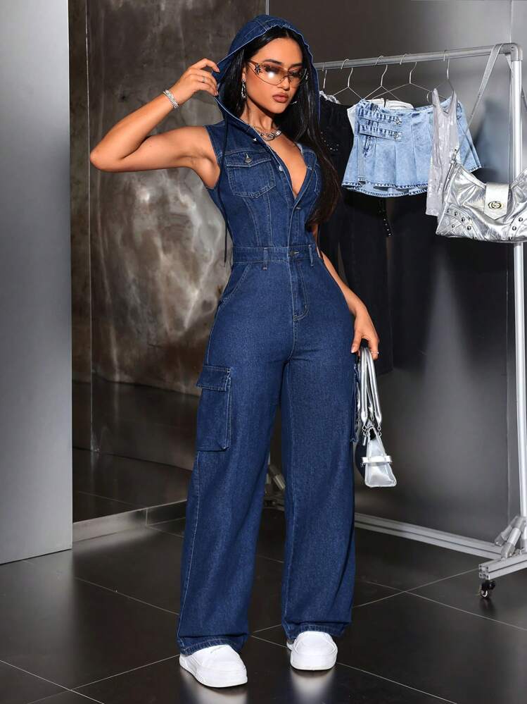 SHEIN ICON 女性用 デニム素材 フード付きサロペット ジャンプスーツ