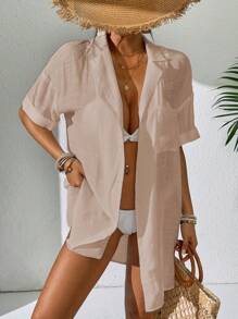 SHEIN Swim Solid Button Front Short Sleeve Casual Kimono For Summer