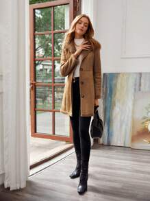 SHEIN Frenchy 秋冬纽扣长款大衣 - 棕色 - 查看 3