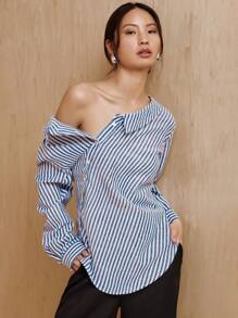 MONSE JADE BREYON Blusa de algodón con botones y estampado de rayas, de estilo casual elegante para vacaciones, vacaciones, primavera, playa, festivales, ajuste Ibiza, oficina