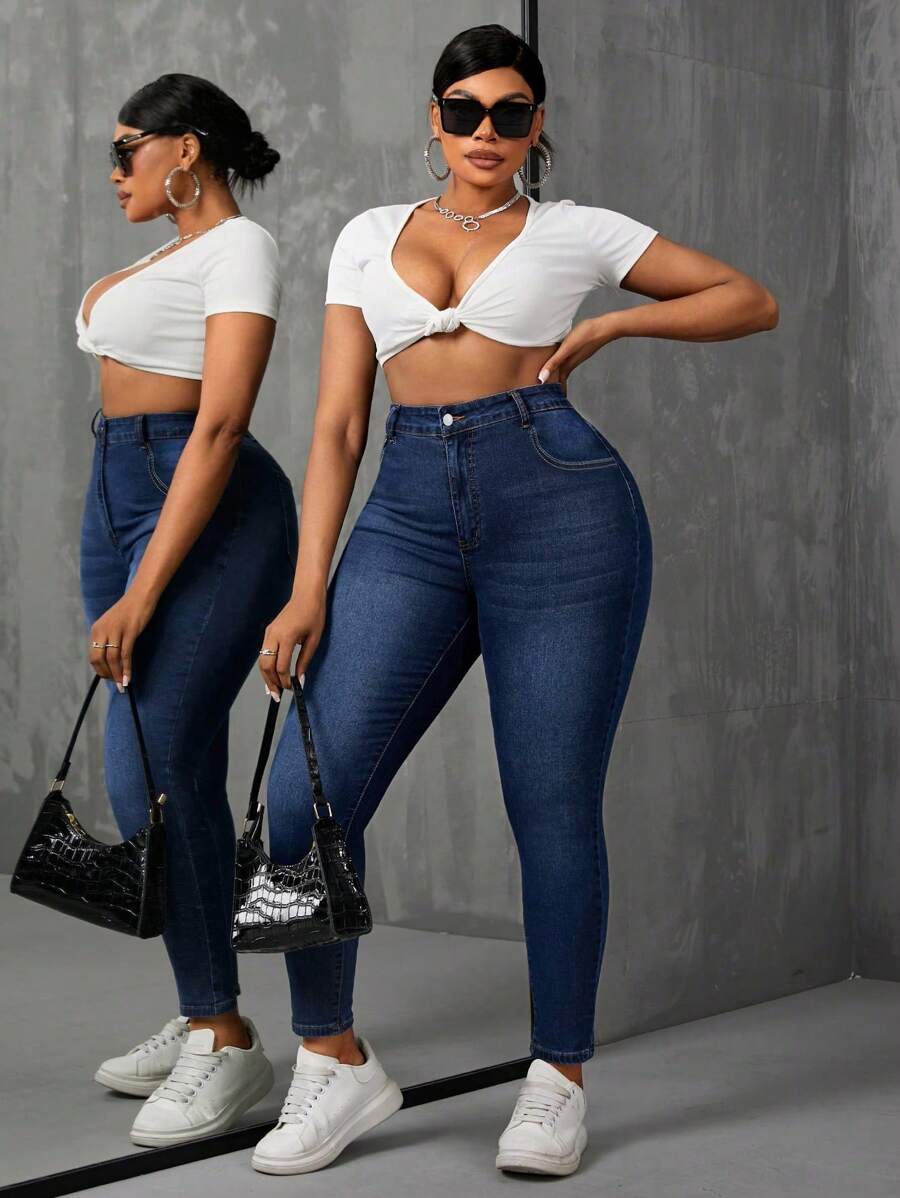 SHEIN LUNE Women's Pocket Skinny Casual Denim Jeans - Blue - View 1