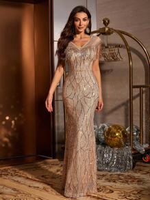 水钻撞色网眼亮片流苏修身美人鱼优雅礼服，魅力四射，适合派对、鸡尾酒会、婚礼派对礼服、婚礼宾客礼服、正式礼服、晚礼服 - 金色 - 查看 1