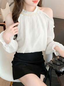 Solid Ruffle Trim Cold Shoulder Blouse - White - View 3