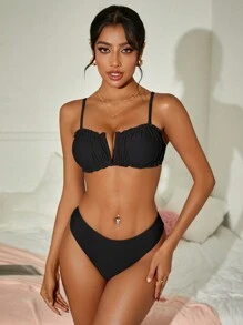 SHEIN Swim 女性夏季海灘純色束頸荷葉邊性感比基尼套裝 - 黑色 - 查看 4