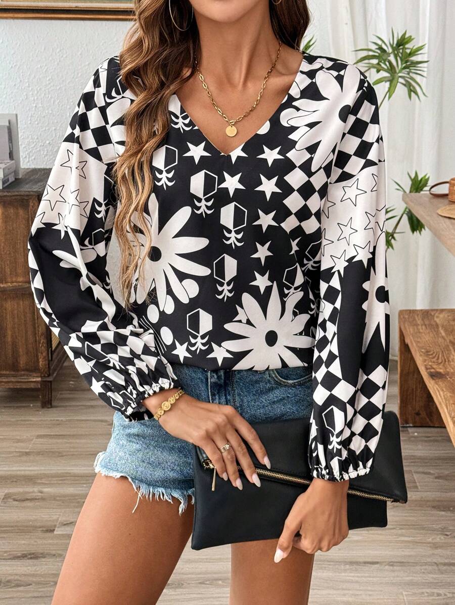 SHEIN Clasi Floral Print Lantern Sleeve Blouse For Dailywear - Black - View 1