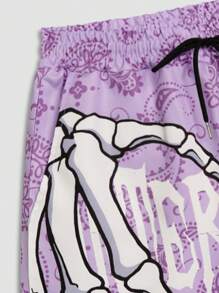 ROMWE MEN Street Life 2 件男士肖像印花短袖 T 恤和短裤套装，适合日常穿着、春夏季、学校 - 黑色 - 查看 3