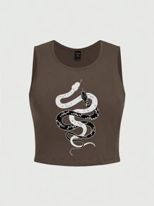 ROMWE Goth Plus Size Women's Summer Snake Pattern Sleeveless Casual Tank Top - Brown - View 1