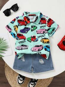 SHEIN Boys' Cute Car Print Short Sleeve Shirt + Ripped Denim Shorts Set, Summer - Multicolor - View 7