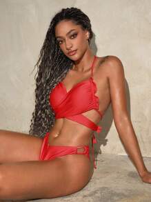 SHEIN Swim Damen einfarbiger Kreuz-Träger-BH & Bikini-Hose, sexy rotes Bikini-Set für Strandurlaub im Sommer - Rot - Übersicht 5