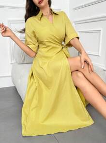 Modelyn 女士夏季休閒純色包裹肩帶連衣裙 - 黃色 - 查看 4