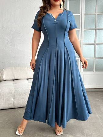 Mulvari Plus Size Button Neckline Press Crease Detail Short Sleeve Dress, Dress For Beach, Party, Summer, Casual, Vacation And Dating