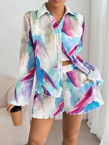 SHEIN Essnce Blouse et shorts avec impression intégrale et garniture en laitue. Style décontracté "Old Money" pour femmes. Hauts pour sortir, tenues d'automne, tenues de sortie - Multicolore - Voir 7