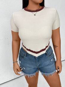 Flirla Plus Size Short Sleeve Knitted Top