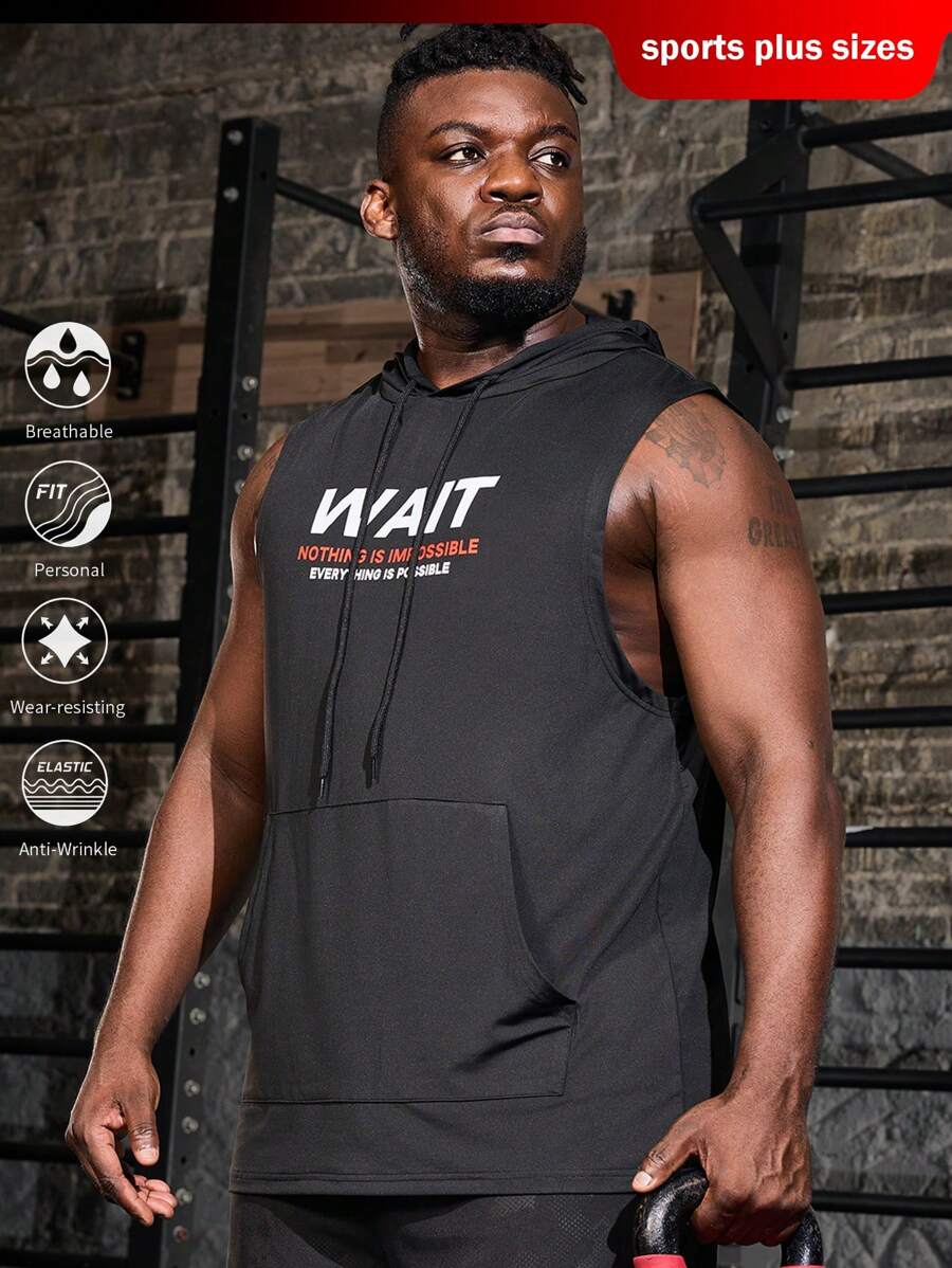 Manfinity Fitness Men Plus Size Slogan Print Drawstring Hooded Sports Tank Top