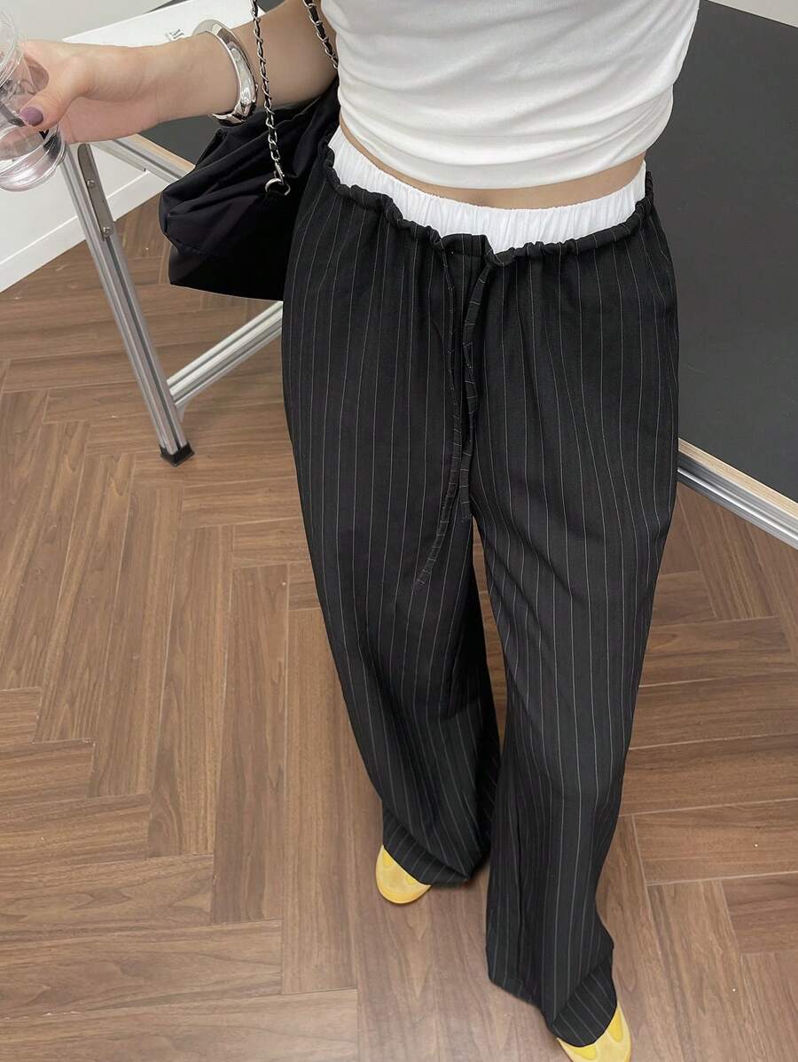 DAZY 女式休闲条纹拼布撞色抽绳阔腿裤 - 黑色 - 查看 1