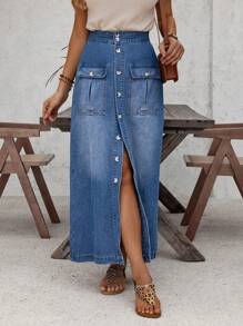 SHEIN LUNE High Waist Flap Pocket Denim Skirt