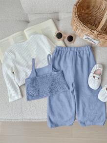 SHEIN LMoss Kids LMoss Baby Girl Cute Casual Knitted Long Sleeve Cardigan, Solid Color Tank Top & Long Pants 3pcs Outfit Set - Blue - View 2