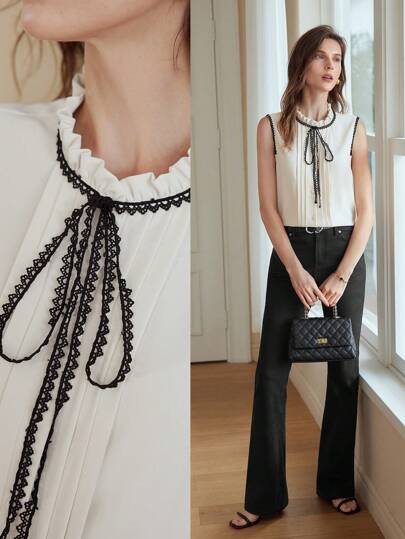 MOTF PREMIUM Blusa fruncida con ribetes de encaje en contraste, cuello falso con volantes, cuello lazado y pliegues plegados