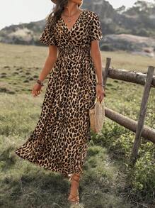 SHEIN LUNE Leopard Print Split Thigh Dress Maxi Women Outfit - Multicolor - View 6