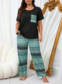 Plus Size Geo Print Top And Pants Pajama Sets, Outfits - Green - View 6