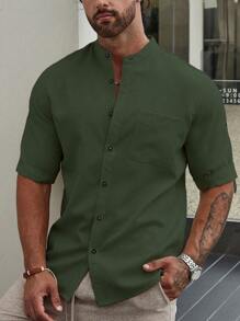 Manfinity Homme Loose-Fit Men's Solid Button-Up Shirt With Pocket Patch - Green - View 7