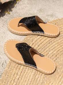 黑色平底舒適拖鞋，中空設計，防滑開放式鞋頭，很受大尺寸女性和學生喜愛用於郊遊、派對和海灘 - 黑色 - 查看 3