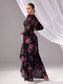 Women's V-Neck Floral Print Ruffle Hem Long Sleeve Dress (Random Print)