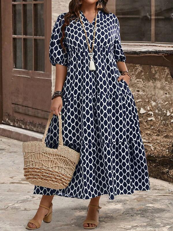 EMERY ROSE Plus Allover Print Notched Neckline Ruffle Hem Smock Dress