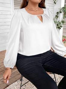 SHEIN Clasi Blusa verde con mangas de linterna y escote redondo con ojal talla grande grande en el cuello - Blanco - Ver 3