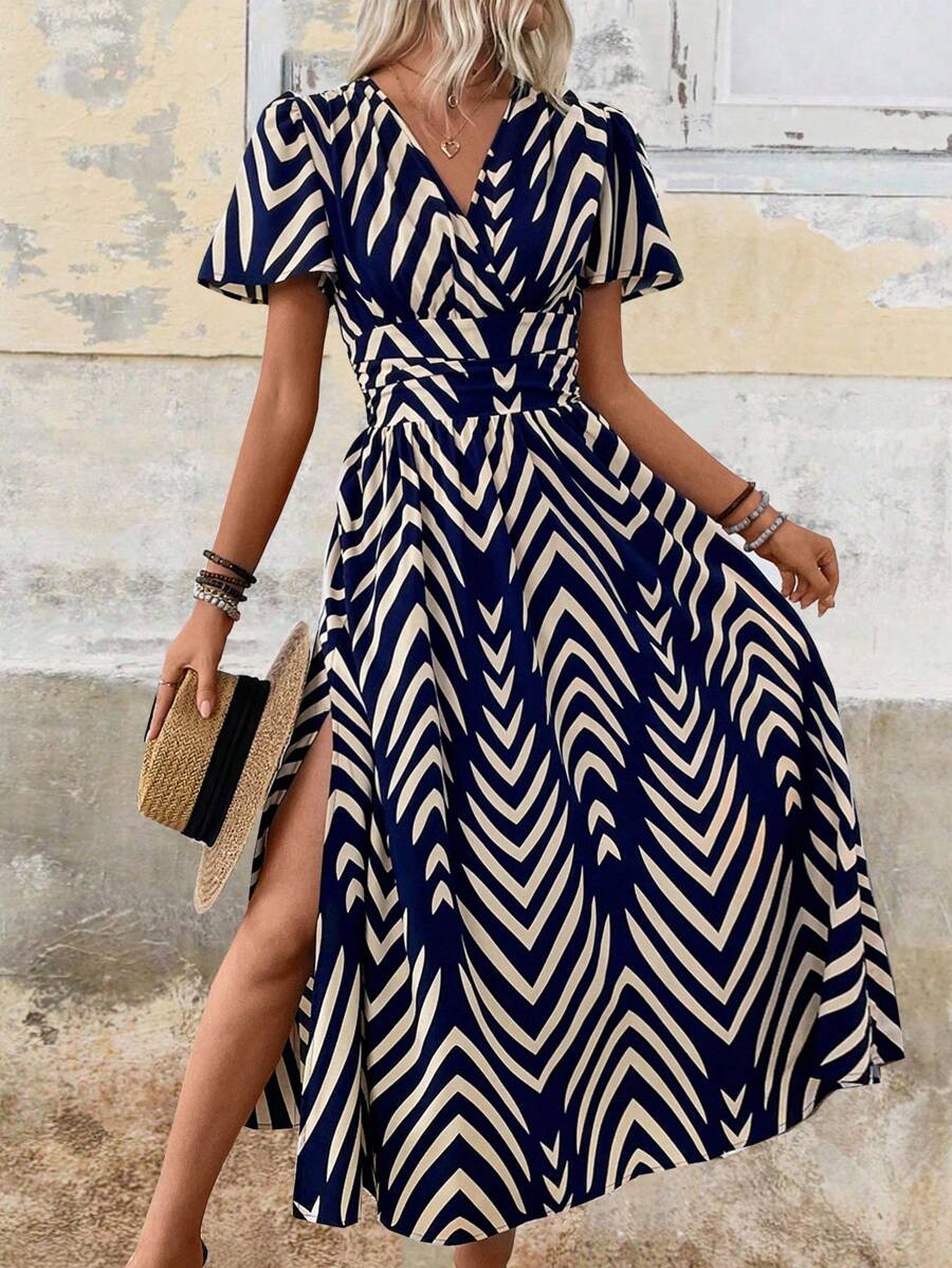 Breezaya Women's V-Neck Asymmetric Printed Tie-Dye Slit Short Sleeve Holiday Dress With Ruffled Sleeves