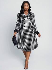 SHEIN Lady Vestido clásico de talla grande con impresión a cuadros en blanco y negro, cuello vuelto, abotonado en la cintura y línea A, para las cuatro estaciones - Blanco y Negro - Ver 2