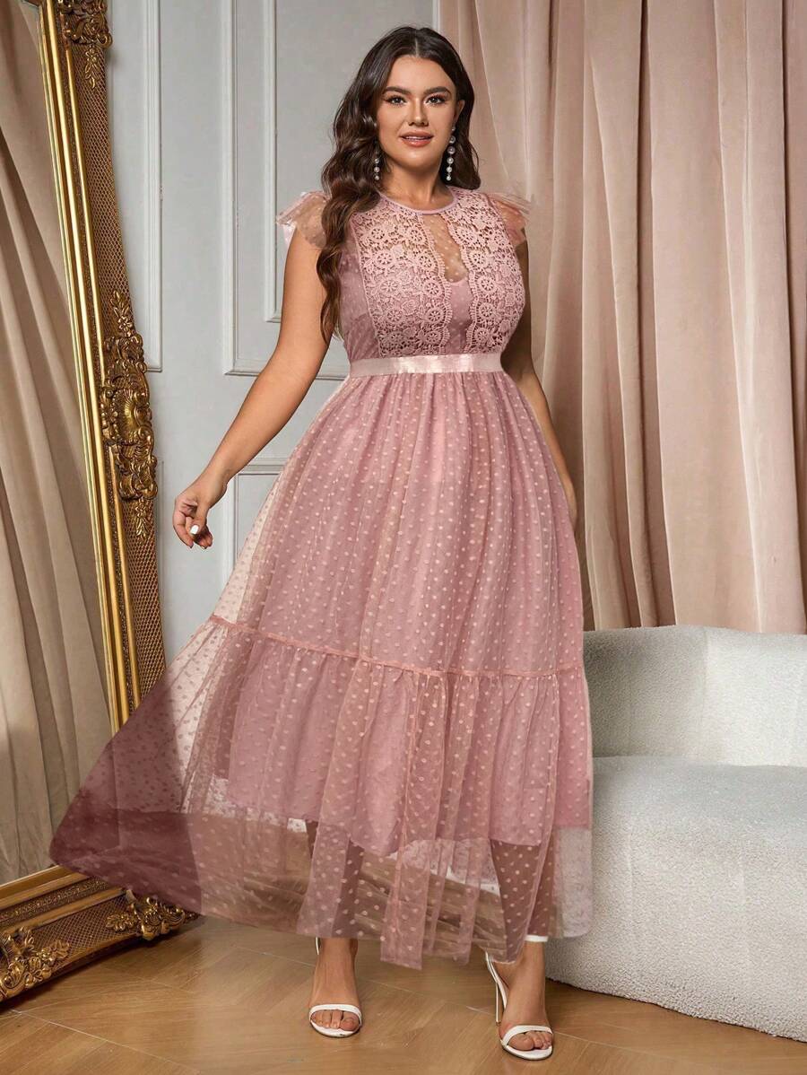 SHEIN Belle Vestido de línea A de malla con dobladillo de volante superpuesto de malla para tallas grandes - Rosa vieja - Ver 1