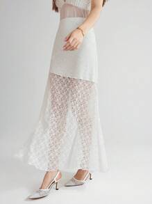 Enchnt Summer Holiday Romantic White Elegant Plain Color High Waist Lace Long Withe Skirt - White - View 8