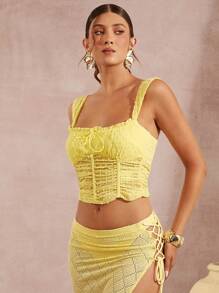 L'Amorae Women's Solid Color Ruffle Summer Casual Tank Top With Wide Straps - Yellow - View 5