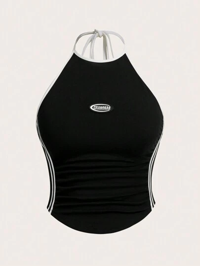 SHEIN ICON 加號字母拼接對比邊綁頸上衣