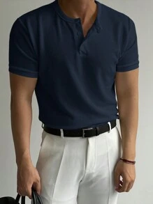 DAZY Men's Summer Solid Button Placket Short Sleeve Casual T-Shirt - Navy Blue - View 2