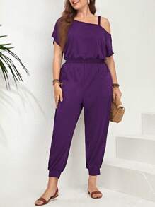 SHEIN LUNE Plus Asymmetrical Neck Slant Pocket Jumpsuit - Purple - View 4