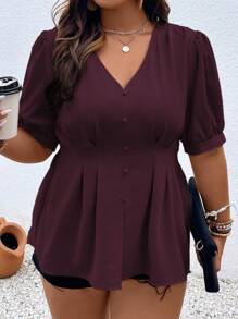 Vionelle Plus Puff Sleeve Fold Pleated Blouse Peplum Top - Red Violet - View 3
