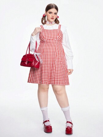 Kawaii Plus Gingham Print Overall Dress Without Blouse