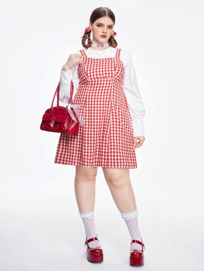 Kawaii Vestido de peto con estampado de vichy en talla grande sin blusa