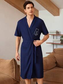 Men Letter Graphic Dual Pocket Belted Robe - Navy Blue - View 5